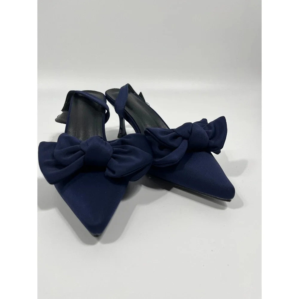Womens Slingback Heels 8.5 Blue Pointed Toe Bow Chic Statement Wedding Guest